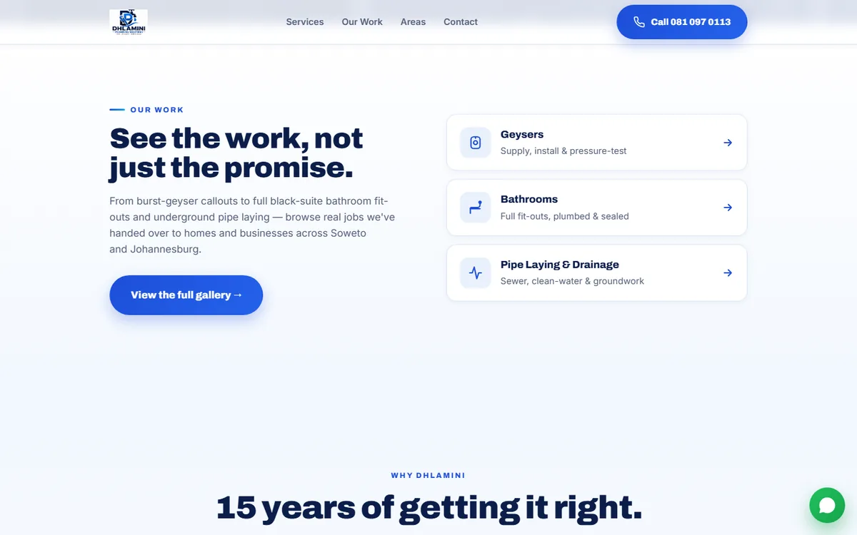 Dhlamini Plumbing Solutions website — work gallery