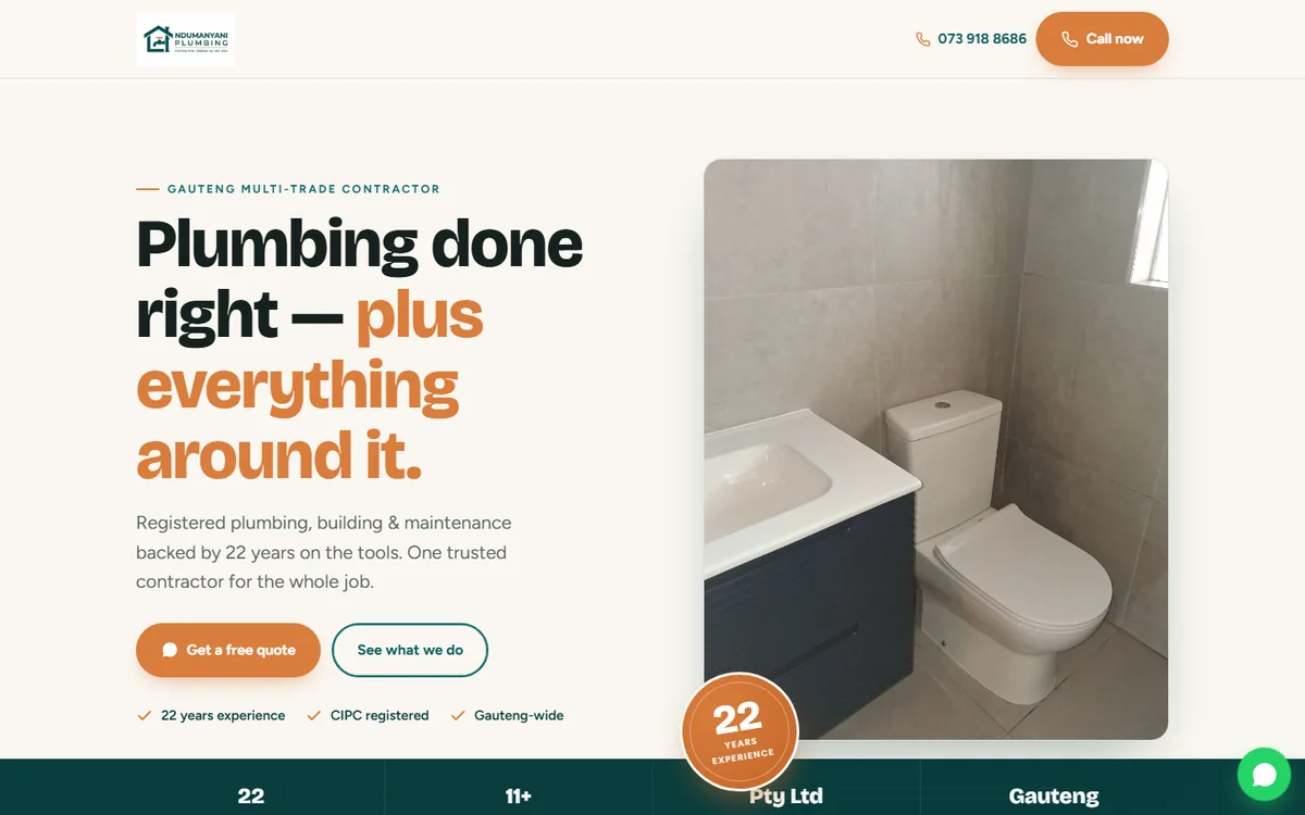 NDUMANYANI Plumbing website — hero section
