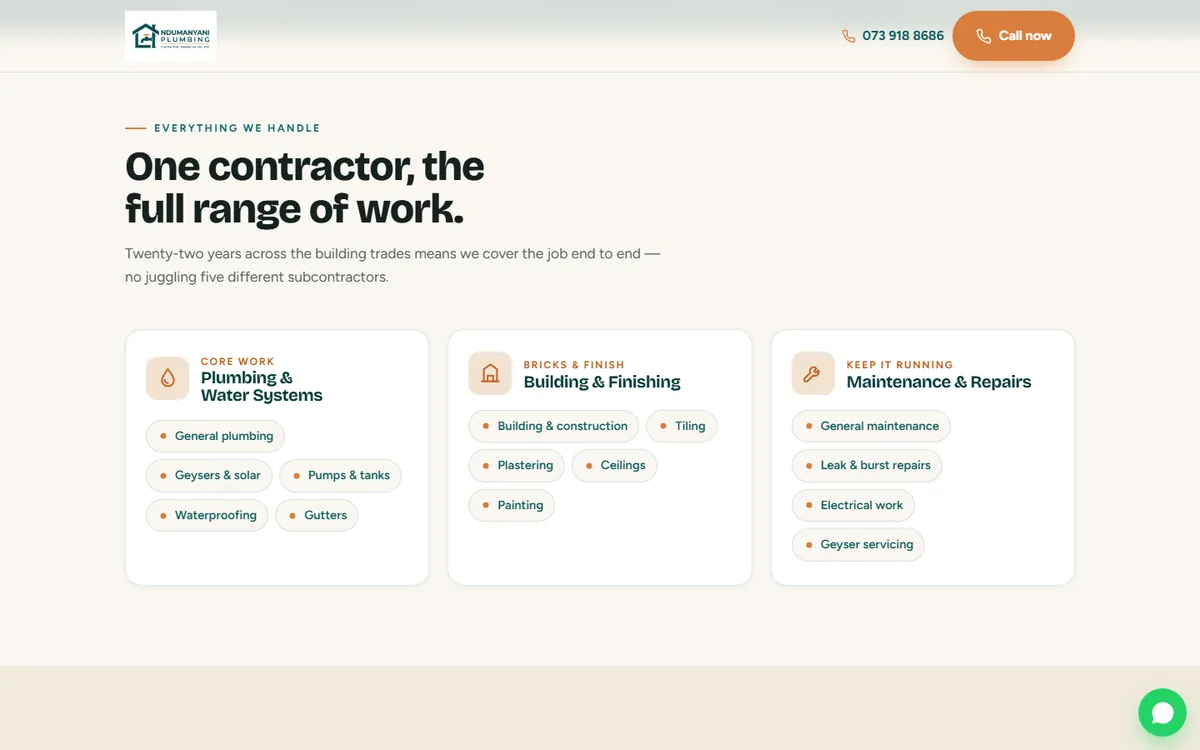 NDUMANYANI Plumbing website — services section