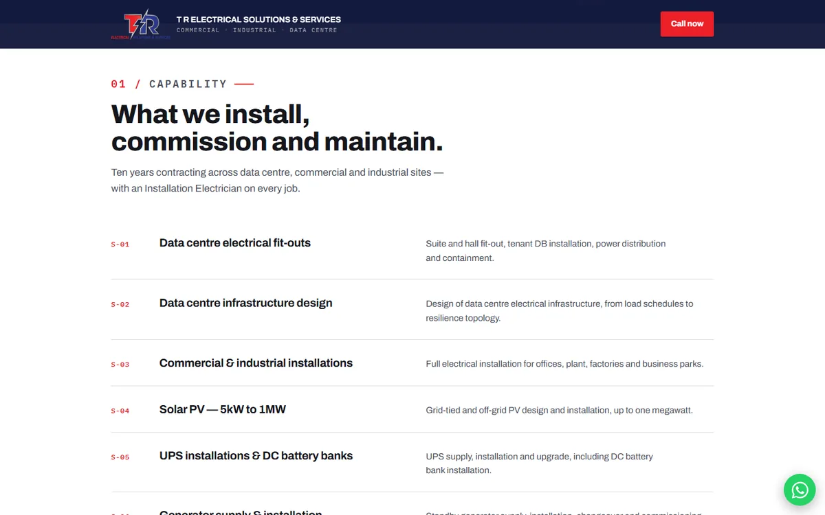 TR Electrical Solutions website — capability list